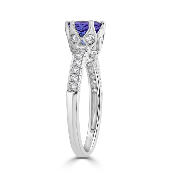 1.26 ct AAAA Round Tanzanite Ring with 0.67 cttw Diamond in 14K White Gold