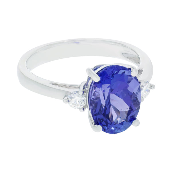 3.44 ct AAAA Oval Tanzanite Ring with 0.17 cttw Diamond in 14K White Gold