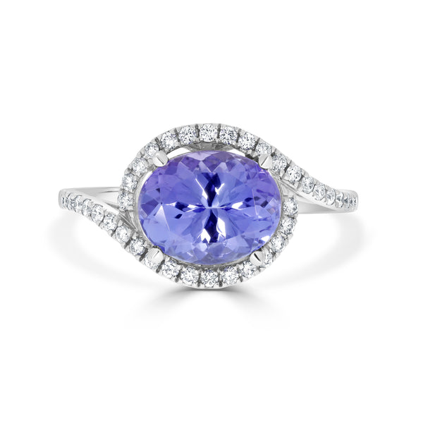 2.56 ct AAAA Oval Tanzanite Ring with 0.26 cttw Diamond in 14K White Gold