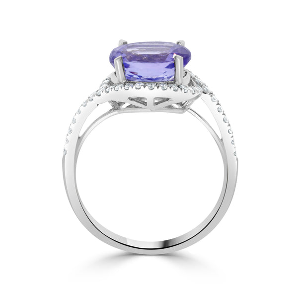 2.56 ct AAAA Oval Tanzanite Ring with 0.26 cttw Diamond in 14K White Gold