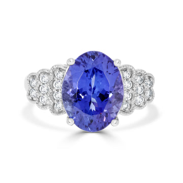 5.63 ct AAAA Oval Tanzanite Ring with 0.23 cttw Diamond in 14K White Gold