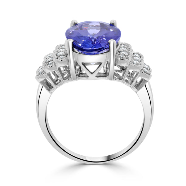 5.63 ct AAAA Oval Tanzanite Ring with 0.23 cttw Diamond in 14K White Gold