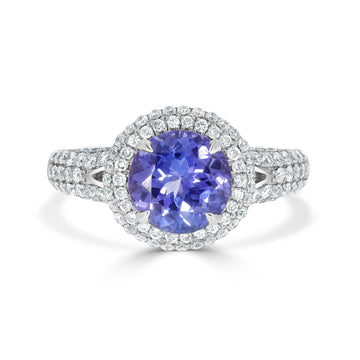 2.11 ct AAAA Round Tanzanite Ring with 0.7 cttw Diamond in 14K White Gold