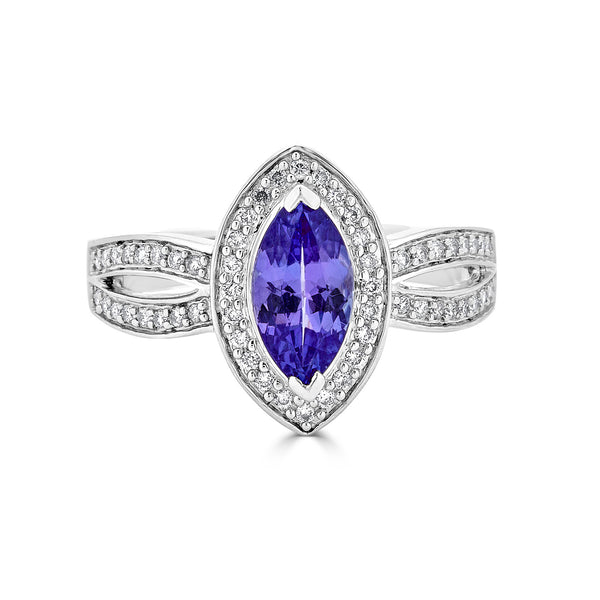 1.09 ct AAAA Marquise Tanzanite Ring with 0.25 cttw Diamond in 14K White Gold