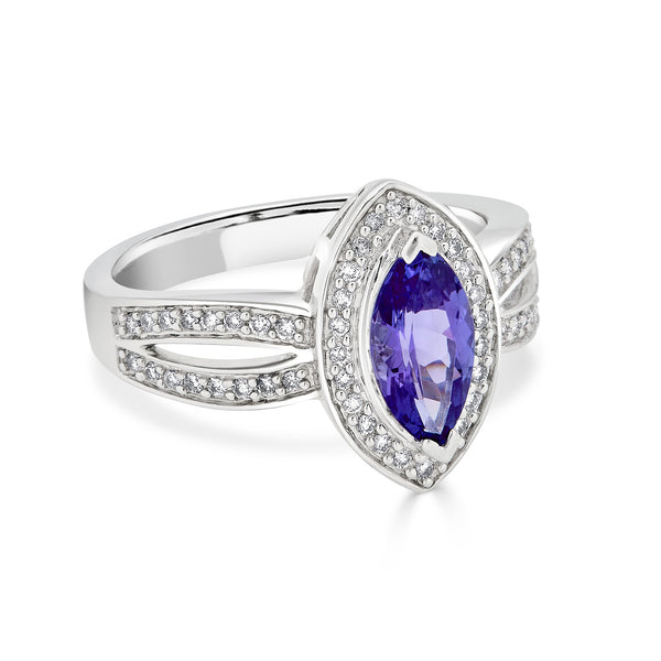 1.09 ct AAAA Marquise Tanzanite Ring with 0.25 cttw Diamond in 14K White Gold