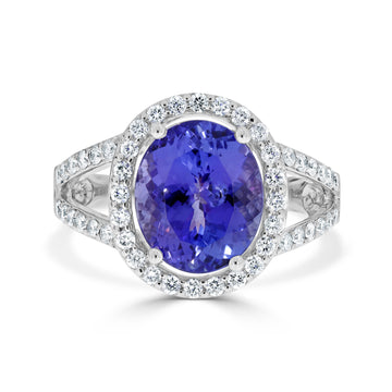 5.33 ct AAAA Oval Tanzanite Ring with 0.64 cttw Diamond in 14K White Gold