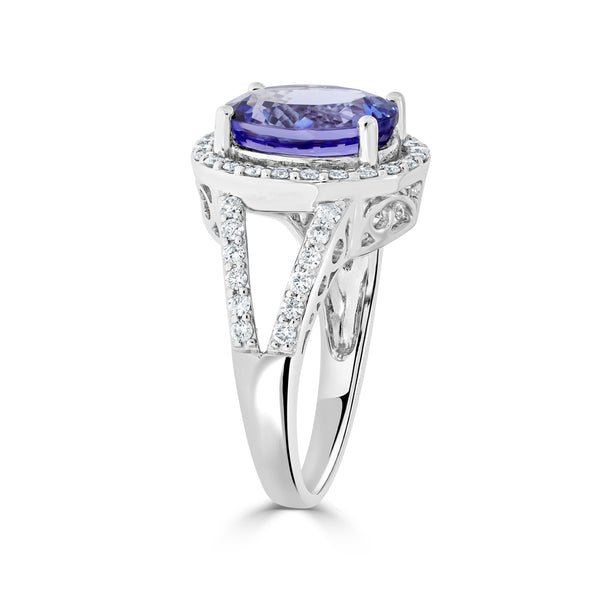 5.33 ct AAAA Oval Tanzanite Ring with 0.64 cttw Diamond in 14K White Gold