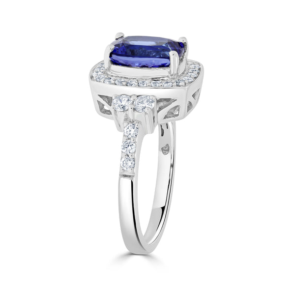 2.88 ct AAAA Cushion Tanzanite Ring with 0.65 cttw Diamond in 14K White Gold