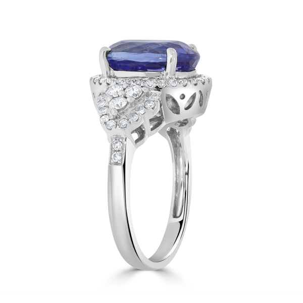 5.23 ct AAAA Oval Tanzanite Ring with 0.62 cttw Diamond in 14K White Gold