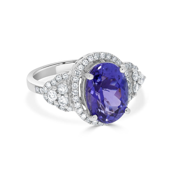 5.23 ct AAAA Oval Tanzanite Ring with 0.62 cttw Diamond in 14K White Gold