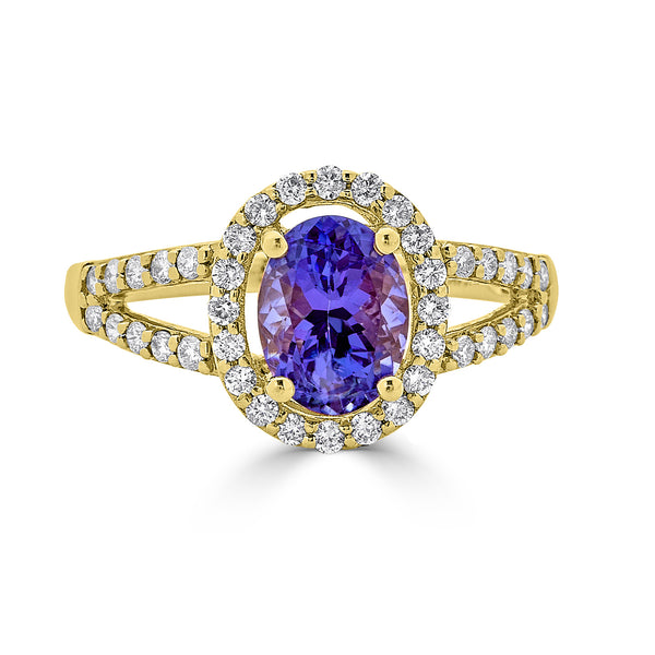 1.43 ct AAAA Oval Tanzanite Ring with 0.39 cttw Diamond in 14K Yellow Gold