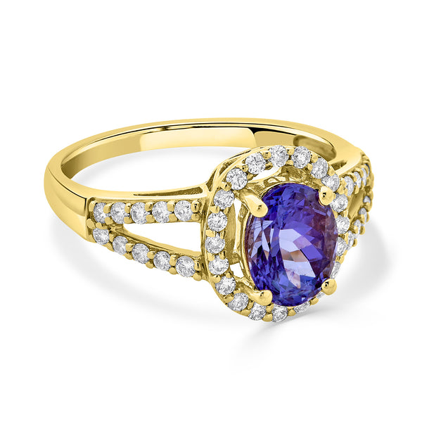 1.43 ct AAAA Oval Tanzanite Ring with 0.39 cttw Diamond in 14K Yellow Gold