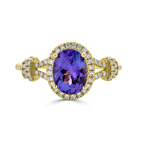 1.71 ct AAAA Oval Tanzanite Ring with 0.23 cttw Diamond in 14K Yellow Gold