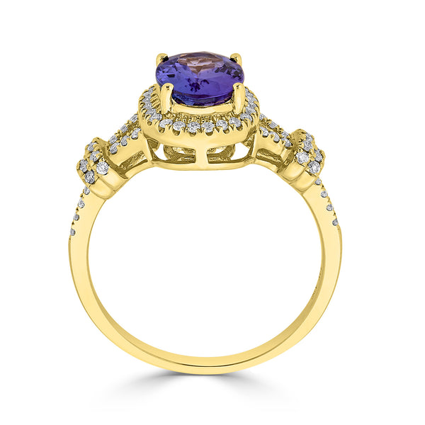 1.71 ct AAAA Oval Tanzanite Ring with 0.23 cttw Diamond in 14K Yellow Gold