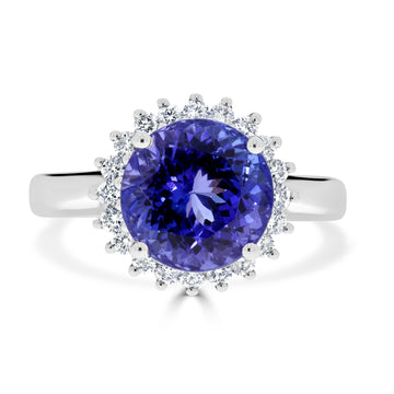 5.18 ct AAAA Round Tanzanite Ring with 0.36 cttw Diamond in 18K White Gold