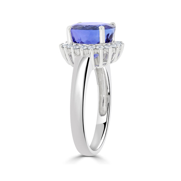 5.18 ct AAAA Round Tanzanite Ring with 0.36 cttw Diamond in 18K White Gold
