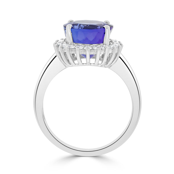 5.18 ct AAAA Round Tanzanite Ring with 0.36 cttw Diamond in 18K White Gold
