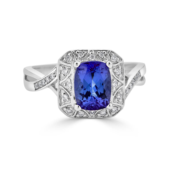 1.80 ct AAAA Cushion Tanzanite Ring with 0.12 cttw Diamond in 14K White Gold