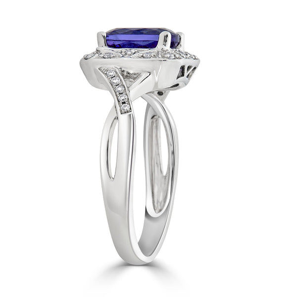 1.80 ct AAAA Cushion Tanzanite Ring with 0.12 cttw Diamond in 14K White Gold