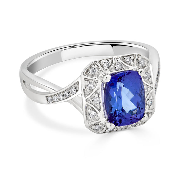 1.80 ct AAAA Cushion Tanzanite Ring with 0.12 cttw Diamond in 14K White Gold