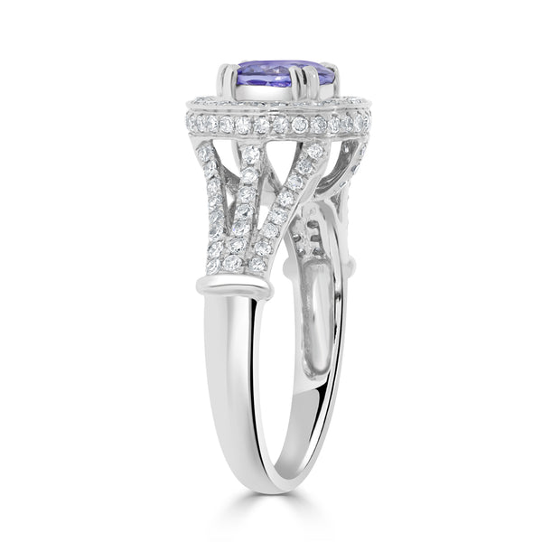 1.42 ct AAAA Round Tanzanite Ring with 0.63 cttw Diamond in 14K White Gold