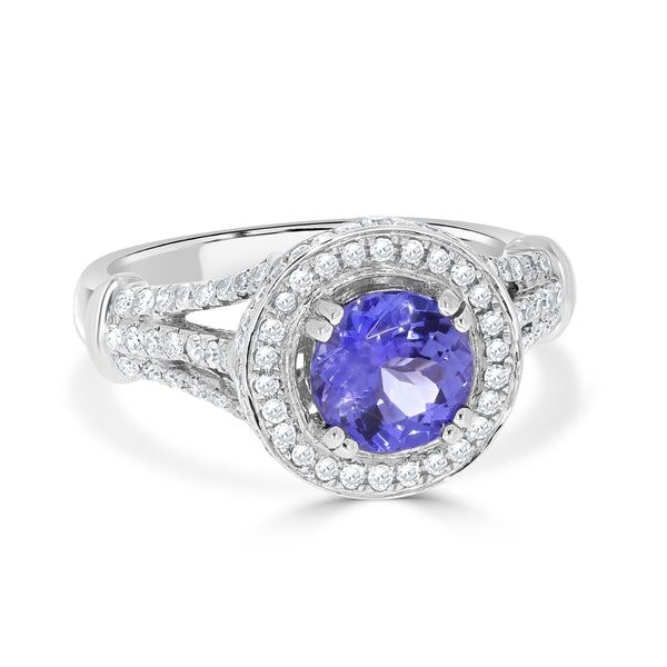 1.42 ct AAAA Round Tanzanite Ring with 0.63 cttw Diamond in 14K White Gold