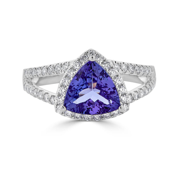 1.92 ct AAAA Trillion Tanzanite Ring with 0.48 cttw Diamond in 14K White Gold