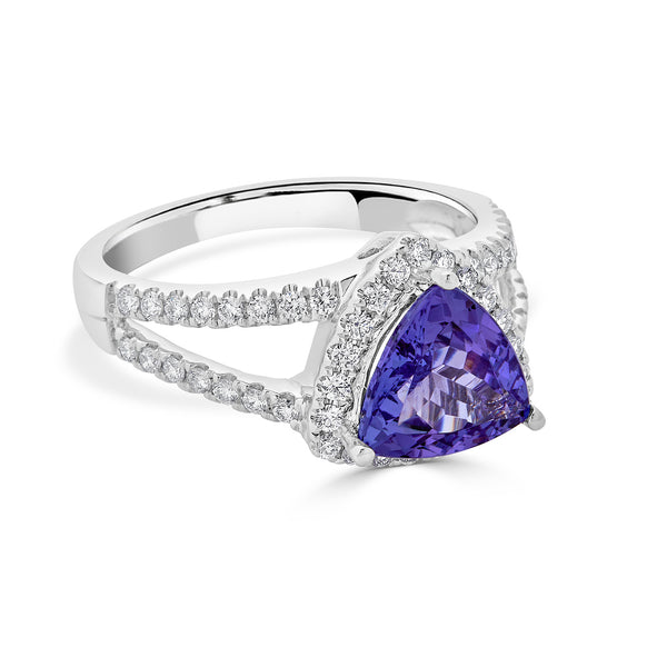 1.92 ct AAAA Trillion Tanzanite Ring with 0.48 cttw Diamond in 14K White Gold