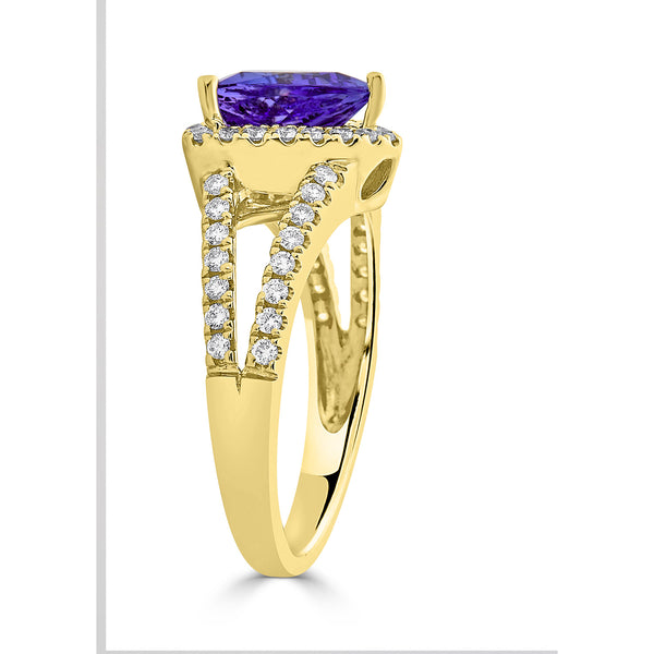 1.92 ct AAAA Trillion Tanzanite Ring with 0.48 cttw Diamond in 14K Yellow Gold