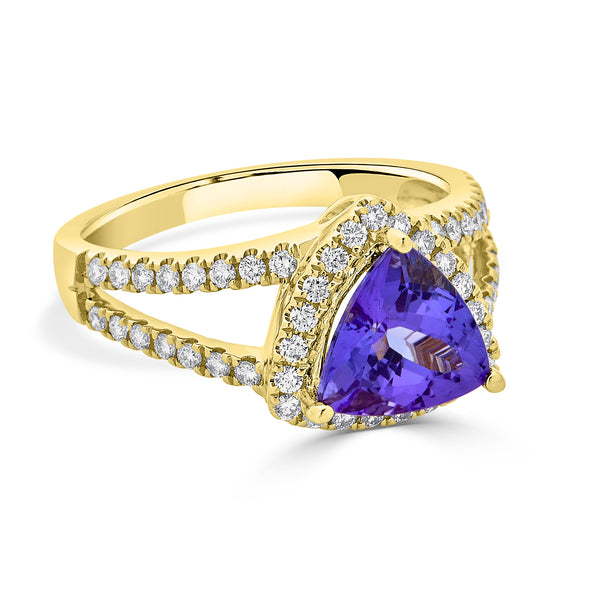 1.92 ct AAAA Trillion Tanzanite Ring with 0.48 cttw Diamond in 14K Yellow Gold