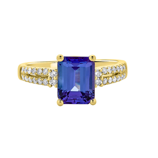 2.30 ct AAAA Emerald Cut Tanzanite Ring with 0.24 cttw Diamond in 14K Yellow Gold