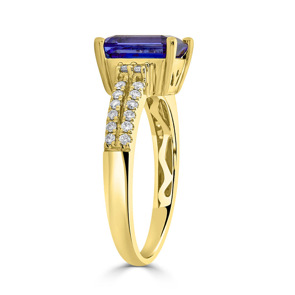 2.30 ct AAAA Emerald Cut Tanzanite Ring with 0.24 cttw Diamond in 14K Yellow Gold