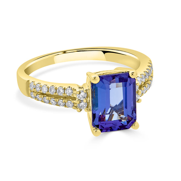 2.30 ct AAAA Emerald Cut Tanzanite Ring with 0.24 cttw Diamond in 14K Yellow Gold