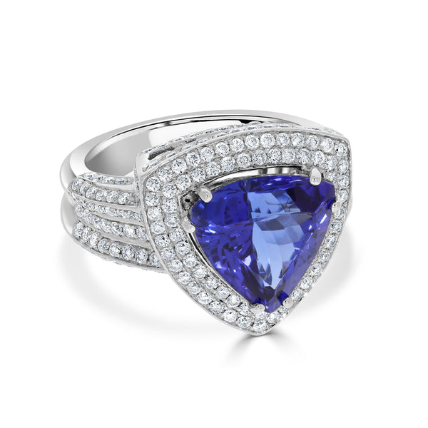 5.19 ct AAAA Trillion Tanzanite Ring with 1.57 cttw Diamond in 14K White Gold