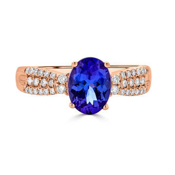 1.51 ct AAAA Oval Tanzanite Ring with 0.22 cttw Diamond in 14K Rose Gold