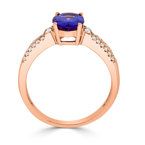 1.51 ct AAAA Oval Tanzanite Ring with 0.22 cttw Diamond in 14K Rose Gold