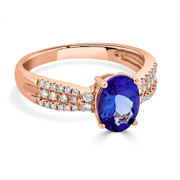 1.51 ct AAAA Oval Tanzanite Ring with 0.22 cttw Diamond in 14K Rose Gold