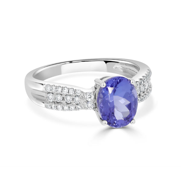 1.86 ct AAAA Oval Tanzanite Ring with 0.22 cttw Diamond in 14K White Gold