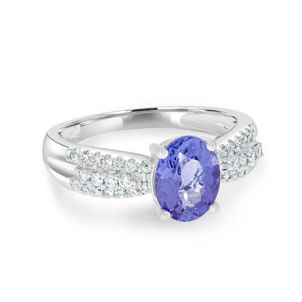 1.70 ct AAAA Oval Tanzanite Ring with 0.23 cttw Diamond in 14K White Gold