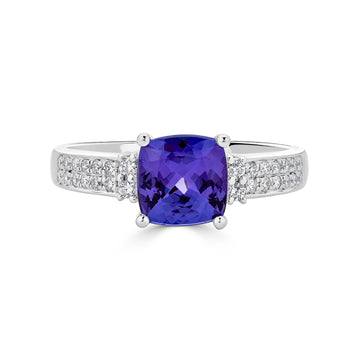 1.68 ct AAAA Cushion Tanzanite Ring with 0.19 cttw Diamond in 14K White Gold