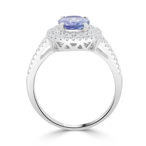 1.57ct AAAA Oval Tanzanite Ring with 0.35 cttw Diamond in 14K White Gold