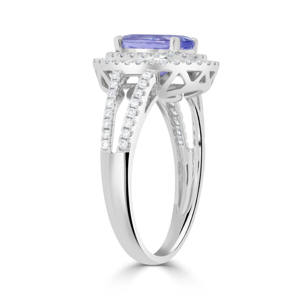 1.57ct AAAA Oval Tanzanite Ring with 0.35 cttw Diamond in 14K White Gold