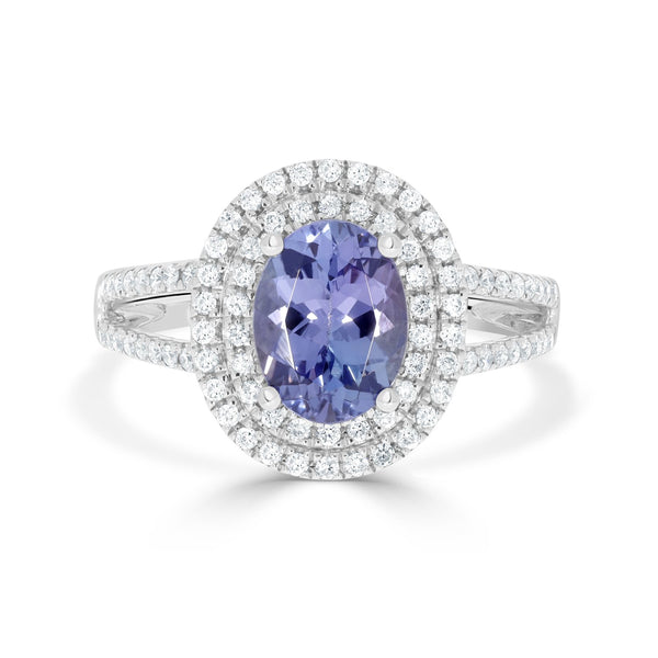 1.57ct AAAA Oval Tanzanite Ring with 0.35 cttw Diamond in 14K White Gold