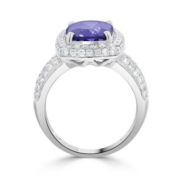 5.28ct AAAA Cushion Tanzanite Ring with 0.89 cttw Diamond in 18K White Gold