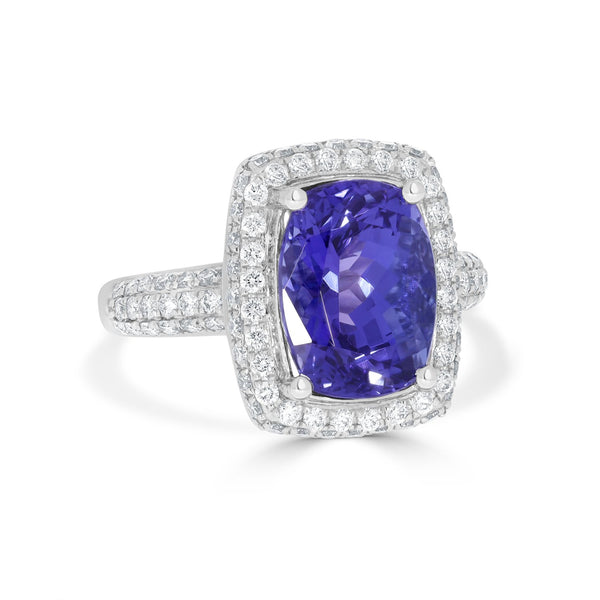 5.28ct AAAA Cushion Tanzanite Ring with 0.89 cttw Diamond in 18K White Gold