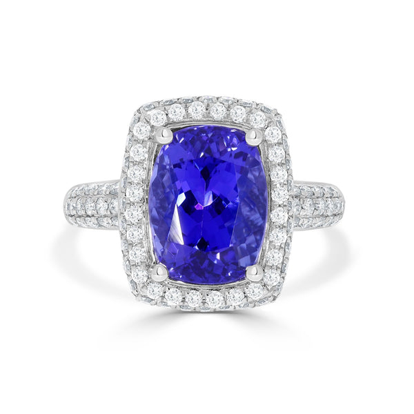 5.28ct AAAA Cushion Tanzanite Ring with 0.89 cttw Diamond in 18K White Gold