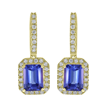 2.97ct AAAA Emerald Cut Tanzanite Earring with 0.47 cttw Diamond in 14K Yellow Gold