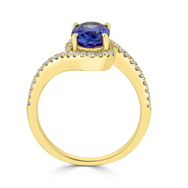 1.89 ct AAAA Oval Tanzanite Ring with 0.28 cttw Diamond in 14K Yellow Gold