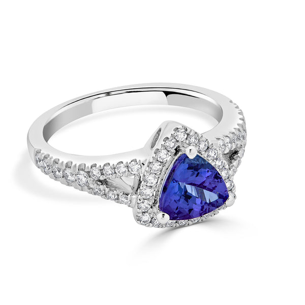 1.34 ct AAAA Trillion Tanzanite Ring with 0.45 cttw Diamond in 14K White Gold