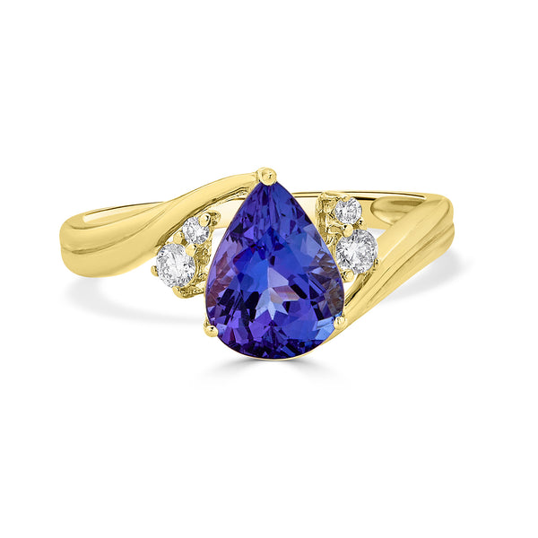 2.01 ct AAAA Pear Tanzanite Ring with 0.13 cttw Diamond in 14K Yellow Gold